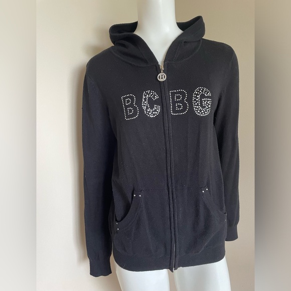 BCBGMaxAzria Soft Black Bedazzled Sequins Zip-Up Hoodie BCBG Y2K Size Large - Picture 1 of 13